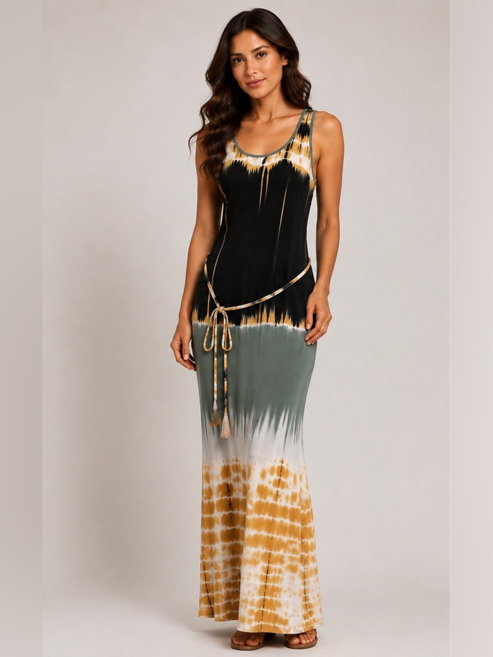 Christina Love Racerback Maxi Dress-Yellow/Black/Gray